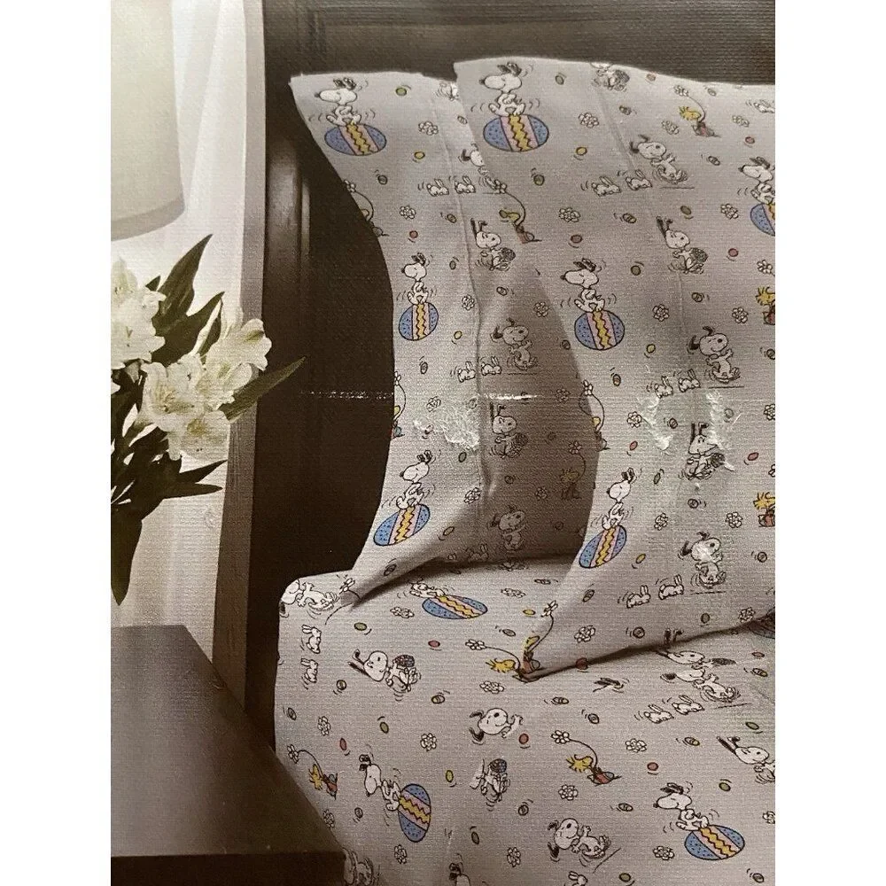 Peanuts Snoopy Easter Egg Bunny Floral QUEEN‎ Sz Sheet Set Soft Grey NEW